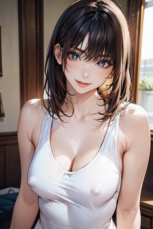 highest quality, Ultra-high resolution, (Realistic: 1.4), beautiful Eyes, Super beautiful, beautiful, spouse, White Rough Chest Tank Top, beautiful Soldier, Eyes that beckon, spouseの視点, Attractive look, Sexy smile, Perfect Style, Perfect balance, Detailed skin, Mischievous Gaze, I can see your chest、Bold Pose、Cute face、Light clothing、Nipples