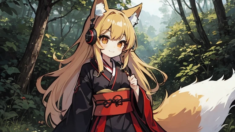 cute、Fox Girl、in the forest、smile、headphone、Black and red kimono