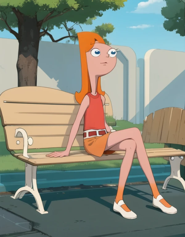 candace_flynn, (medium hair), (orange hair), (dark blue eyes), nude body, nipples, (white shoes), (red socks), Sitting on a bench, spread legs, full body view, pussy , cameltoe, shy, smiling, pussy juice 