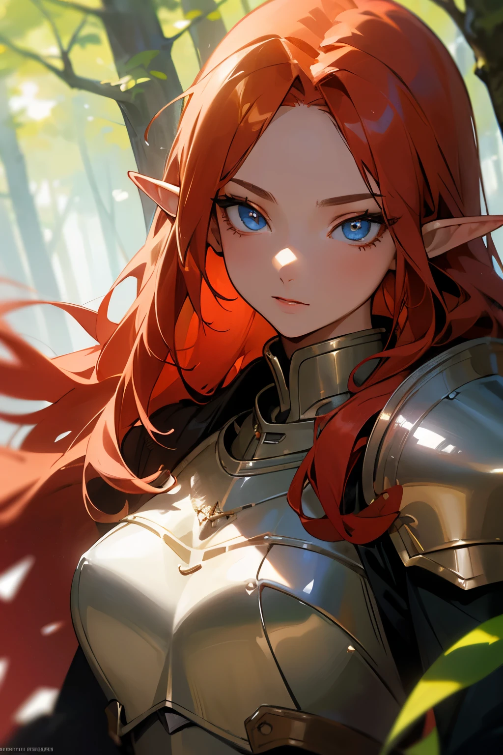 UHD, masterpiece, high details, high quality, best quality, HD, Perfect eyes, (close-up), (1Elf, 23 years girl, slim body, long red hair, light amber eyes, wearing silver medieval light armor), (in a forest)