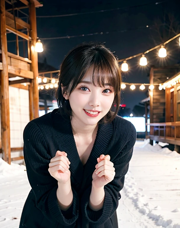 Princess、Woman posing against snowy landscape background、highest quality、女の子 1 people、アジアpeople, cute, cute顔, Textured skin, Beautiful smile、shine、Blur the background、Date、Bokeh Depth of Field、outside of home、(street:0.8)、(people々、大勢のpeople:1)、 short hair1.2,Beautiful sky in every detail、(Dynamic Pose:1.2)、 (Upper body:0.8)、Soft lighting、Wind、Glowing Skin、Laughter、Midwinter Japan、Beautifully detailed eyes、(sweater:1.1)、(short hair:1.2)、Floating Hair Nova Frog Style、Woman in coat、Winding muffler