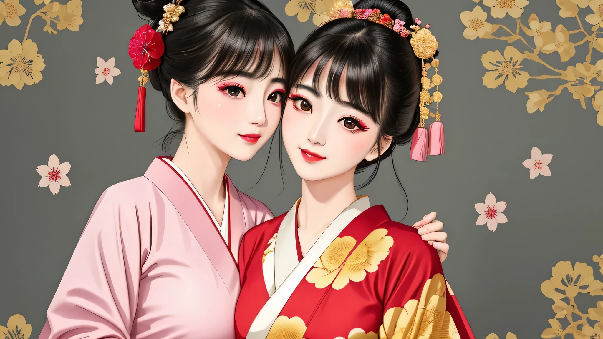 Each has a different expression2People and sisters、(2 girls)、⦅Dancing traditional arts with grace)、((Big Breasts、Small Face、Not exposed))、highest quality、masterpiece、(Black Hair、Bun Hair)、Brown Eyes、⦅Wide angle、Angle from above the waist、Pause on the magazine cover、Their gazes are different, gazing into the distance⦆、(8K High Quality、masterpiece、High resolution、Realistic and beautiful light and shadow、(highest quality)、(High Resolution)、(Very delicate and beautiful)、(Beautiful 8k face)、(With a smile、Beautiful eyes)、(Clear skin)、(Soft hair)、(8Head to Body)、(A Japanese style yukata kimono with red, pink and orange floral patterns on a white background, interspersed with gold powder、Wearing a yukata2Beautiful Japanese girls)、((Tanabata decoration background))、((Small Face))、(arms up)、Thin and small nose、(Red lipstick)、(Make your cheeks red)、(Glossy skin)、((Ink painting style))、Very thin eyebrows、Overall ultra-high image quality、(She is wearing maiko-style makeup.)、Whitening、Long and beautiful eyelashes、Glowing Skin、(Red cheeks),Straight nose、masterpiece、highest quality、whole body、 Eyebrows visible through hair、Bun Hair、Grin、Gal、Gal、Viewer's Eyes、Plaid、Stylish、woman、fine、Pause、
Waiting to start