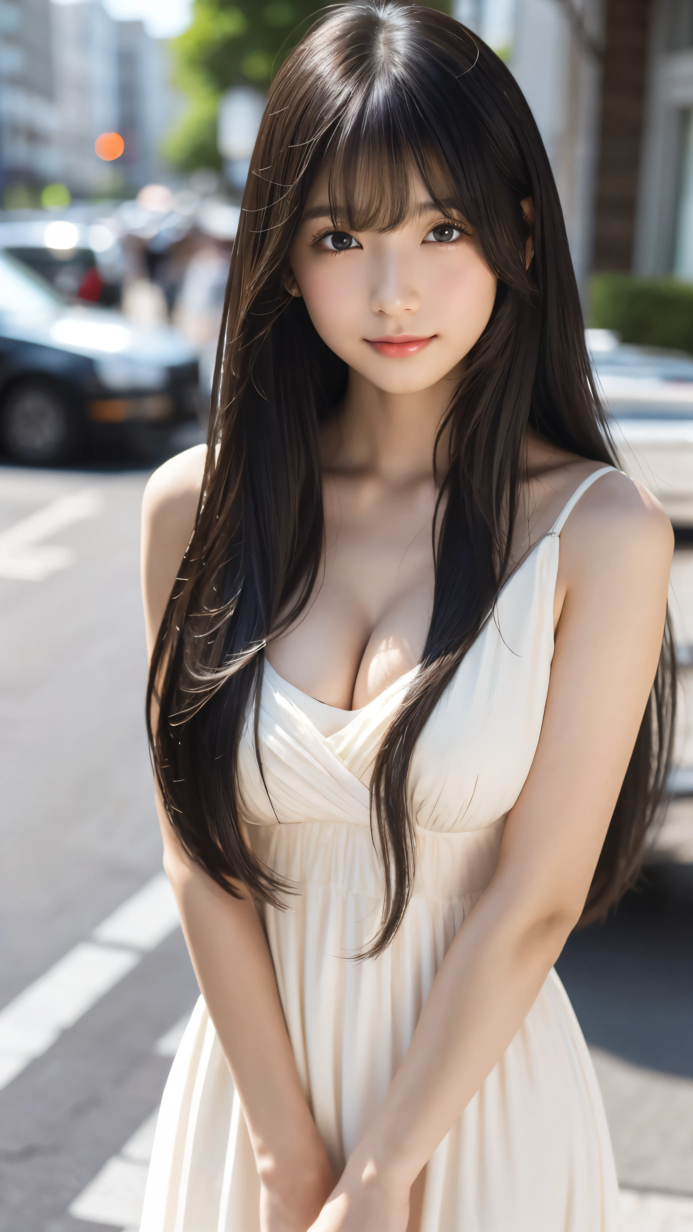 Shining, clear, white skin、Her windblown black hair hides her beautiful face.、huge、Sexy beautiful face of 28 years old、Beautiful straight hair that stands out、growing up, glowing light brown eyes、Sexy long silky bangs covering the eyes, Sexy young woman with super long hair hiding her sexy face、Shiny black hair、(((Sexy Woman)))、The cleavage is visible,Red sexy dress