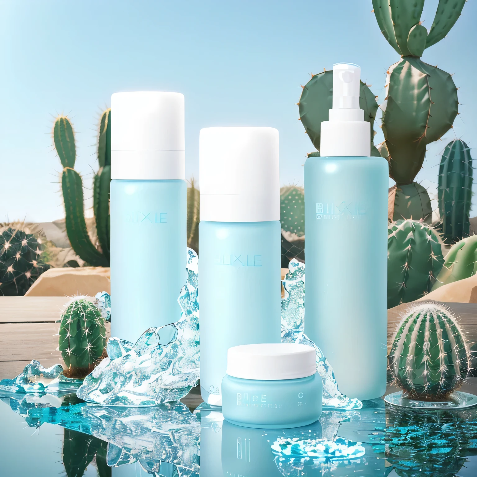 There are three bottles of lotion on the table,And cactus, High-quality local rendering, blue realistic 3 d render, skin care, skin care, Cleansing face and body skin, photoshoot for skin care brand, Product photography, Silicone leather, Simple and pure design, high quality Product photography, professional Product photography, Blistering skin, Product photography 4 k, Optionally