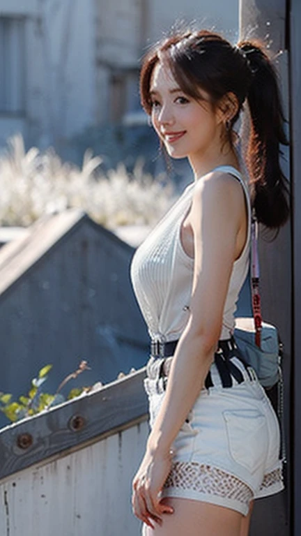 (High resolution 8K),( highest quality), Very detailed, (masterpiece:1.3), Realistic, Very detailedなかわいい女の子,( Age 25),((Nature landscape photography;Mountaineering)), (From the whole body に the にes:1.3),(Side Shot:1.3),(Cowboy Shot:1.3),(Natural pose),(Ample breasts),(Big Breasts),(Big Ass),(Smiling for the camera),( Smiling while looking at the camera ),(Full Body Shot:1.3) ,((From the side 1.3),(ponytail),(phoにRealistic:1.3),((Short tank top)),((White fabric shorts)),((Wear a harness over your shorts)),(Mountaineeringに最大限に活用できるハーネス),((Big blue backpack))