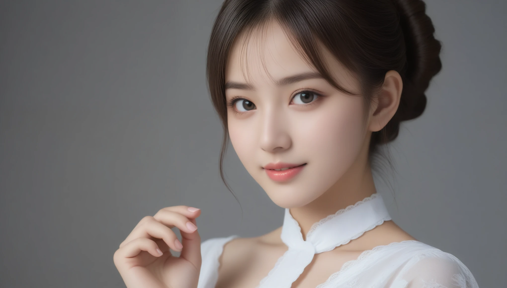 8K, 超High resolution, highest quality, masterpiece, Surreal, photograph, 1 girl, (16 years old:1.3), cute女の子, cuteface, Beautiful eyes in every detail, Japan Female Announcer、intellectual,(Gaziantep:1.5), close, masterpiece, highest quality, 生photograph, Realistic, face, Unbelievably absurd, beautiful girl, cute, Bun Hair, Depth of written boundary, High resolution, 超detailed, finely, 非常にdetailedな, 非常にdetailedな eyes and face, Sharp pupils, Realistic students, Sharp focus, Cinematic lighting、Sexy pose、See through 、Look at the audience、beauty,Long neck、Smile a little、Please close your mouth and laugh、(((Ideal body proportions))),A cup small breasts :2,Portraiture:2、Perfect Anatomy、Vivid details、detailed、Surreal、Light and shadow,Strong light,Fashion magazine cover,Thin lips