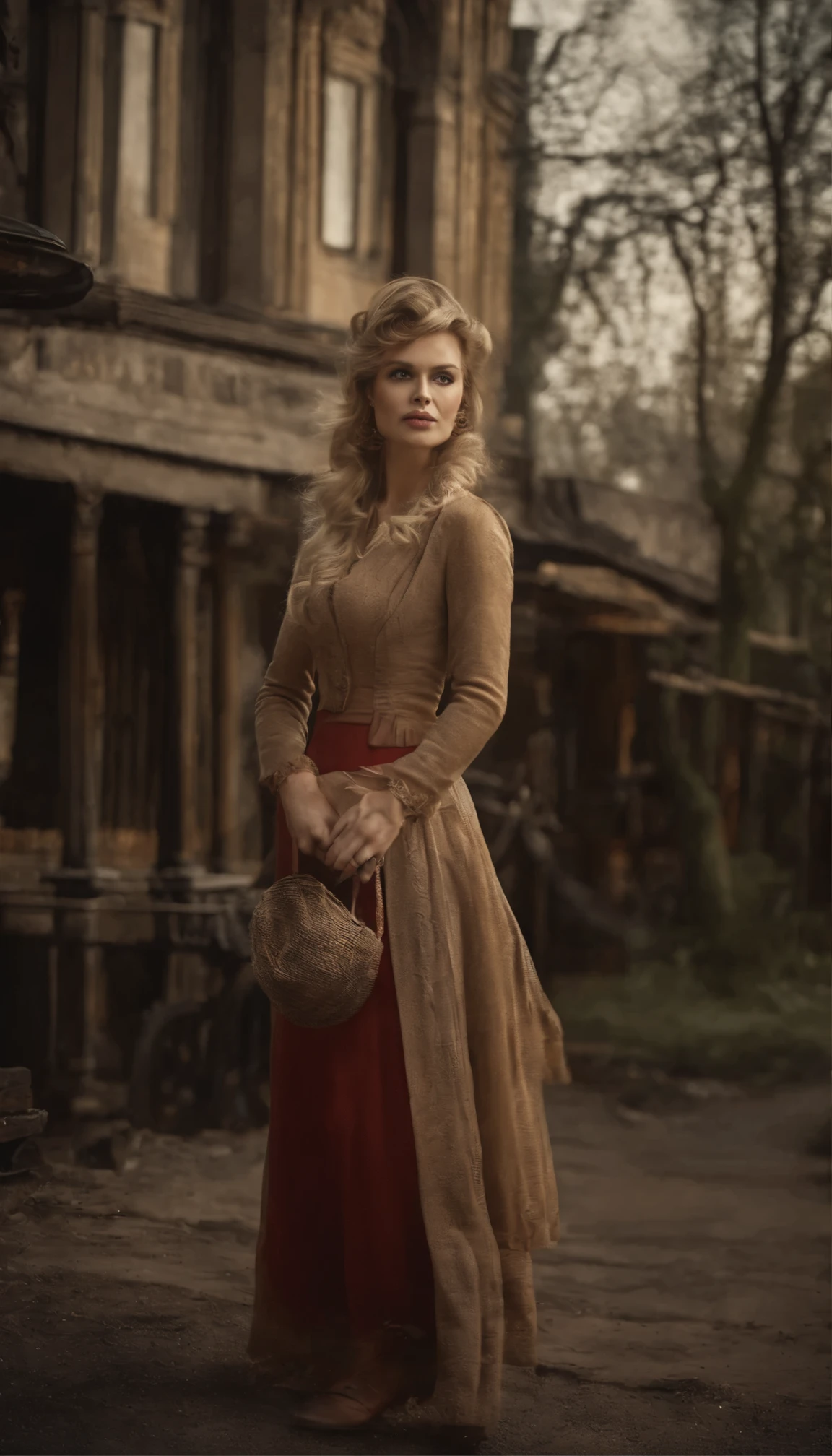 Close-up、Straight Hair Blonde Short Curly Hair Girl Little Red Hat、Necklace Watches、(Victorian era)、((steampunk))、photograph、work、elegant、With great care、Magnificently and、Maximum detail、Very super aesthetic、Intricately detailed、Lots of gear、Old town background