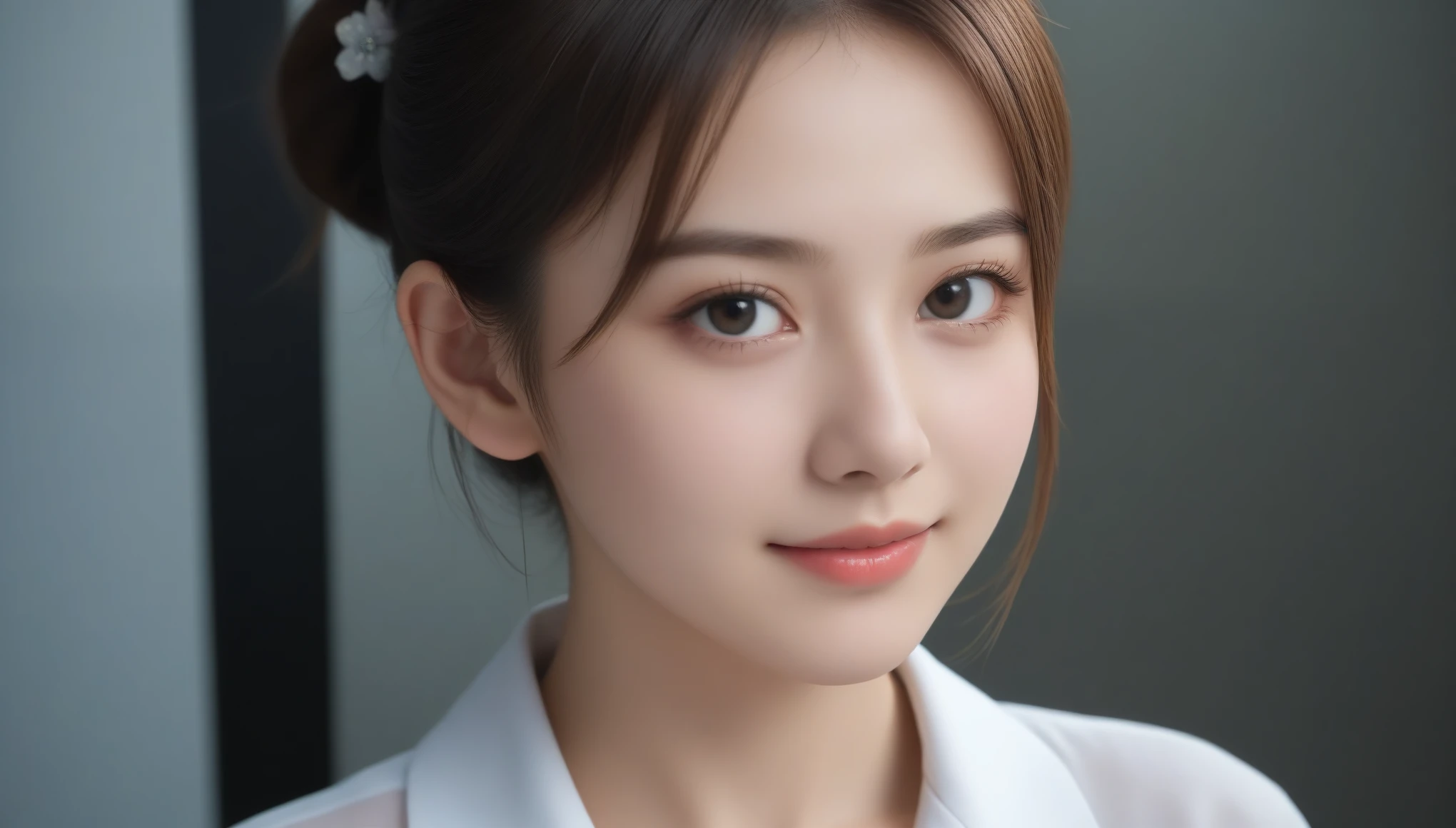 8K, 超High resolution, highest quality, masterpiece, Surreal, photograph, 1 girl, (16 years old:1.3), cute女の子, cuteface, Beautiful eyes in every detail, Japan Female Announcer、intellectual,(Gaziantep:1.5), close, masterpiece, highest quality, 生photograph, Realistic, face, Unbelievably absurd, beautiful girl, cute, Bun Hair, Depth of written boundary, High resolution, 超detailed, finely, 非常にdetailedな, 非常にdetailedな eyes and face, Sharp pupils, Realistic students, Sharp focus, Cinematic lighting、Sexy pose、See through 、Look at the audience、beauty,Long neck、Smile a little、Please close your mouth and laugh、(((Ideal body proportions))),A cup small breasts :2,Portraiture:2、Perfect ???????、Vivid details、detailed、Surreal、Light and shadow,Strong light,Fashion magazine cover,Thin lips