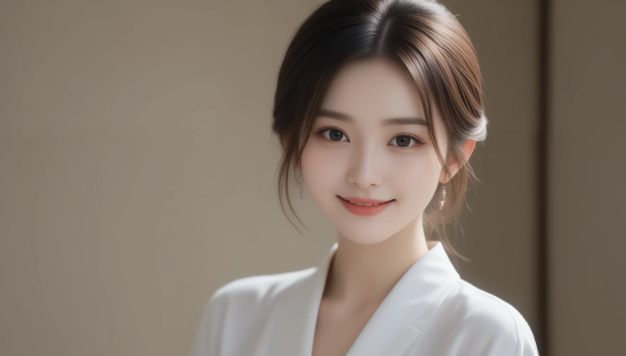 8K, 超High resolution, highest quality, masterpiece, Surreal, photograph, 1 girl, (16 years old:1.3), cute女の子, cuteface, Beautiful eyes in every detail, Japan Female Announcer、intellectual,(Gaziantep:1.5), close, masterpiece, highest quality, 生photograph, Realistic, face, Unbelievably absurd, beautiful girl, cute, Bun Hair, Depth of written boundary, High resolution, 超detailed, finely, 非常にdetailedな, 非常にdetailedな eyes and face, Sharp pupils, Realistic students, Sharp focus, Cinematic lighting、Sexy pose、See through 、Look at the audience、beauty,Long neck、Smile a little、Please close your mouth and laugh、(((Ideal body proportions))),A cup small breasts :2,Portraiture:2、Perfect Anatomy、Vivid details、detailed、Surreal、Light and shadow,Strong light,Fashion magazine cover,Thin lips