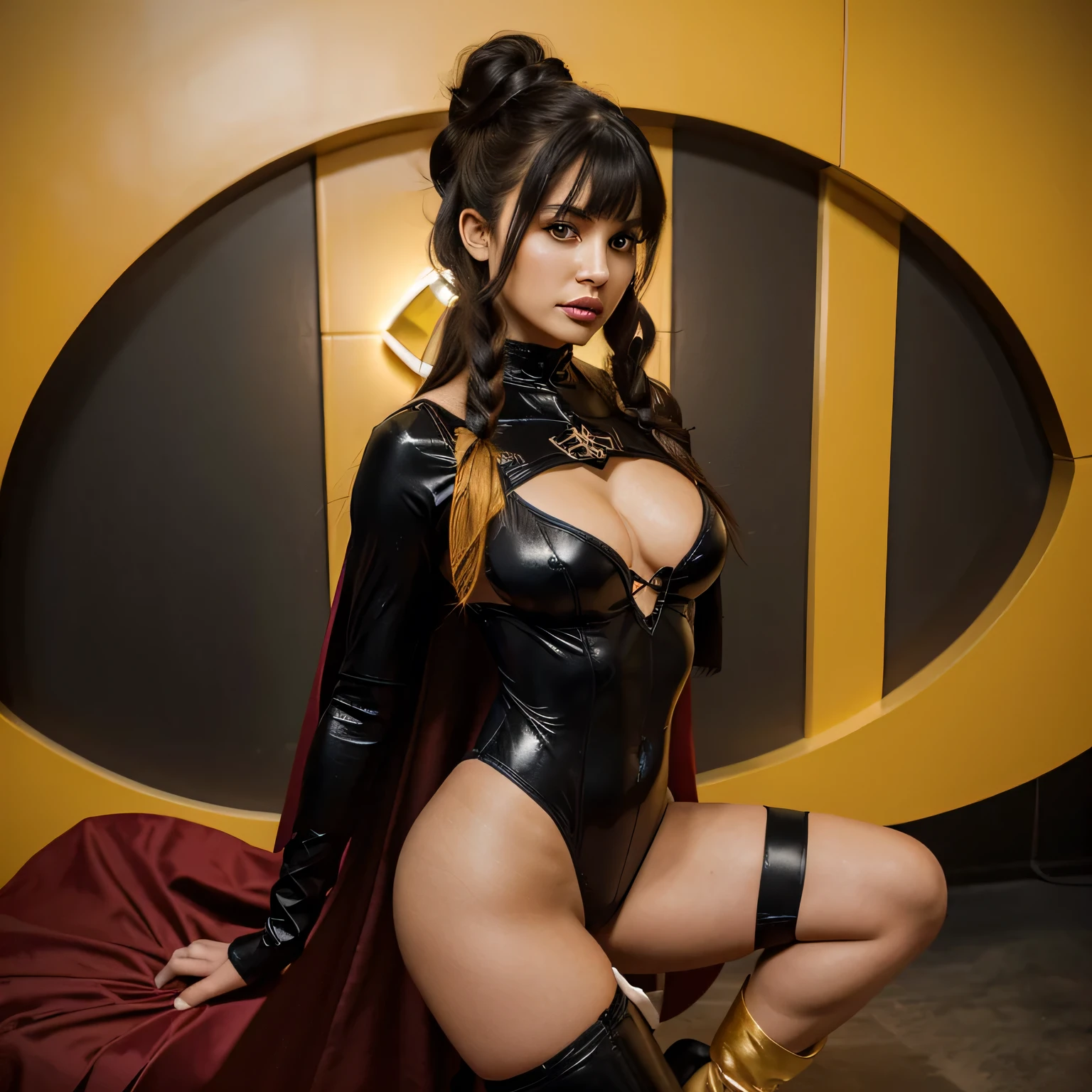 A beautiful hyperreal woman who represents Sailor Moon. Black hair, very big breasts, giant butt, tiny waist. Her face has Japanese anime features. Pigtails: she has long black hair that reaches approximately the middle of his back. Her distinctive hairstyle consists of two high, voluminous pigtails that extend up and out from the top of her head. Bows: At the base of each ponytail, she wears a large bow that keeps her hair in place. Bangs: She has short, blunt bangs that frame her face and curve to the sides. She wears a bold and empowering ensemble fit for a superheroine, with the foundation being lingerie-inspired attire. The outfit consists of a daring yellow bodysuit crafted from luxurious satin or silk, serving as the base layer for her superhero costume. The bodysuit features intricate lace detailing in vibrant hues, reminiscent of lingerie from Victoria's Secret. To complement the lingerie-inspired bodysuit, she wears a flowing cape in a rich jewel tone, such as deep yellow, adding a touch of drama and elegance to her ensemble. The cape is adorned with shimmering accents or metallic embroidery, further enhancing her superhero persona. Her accessories include a sleek and stylish mask in a coordinating color, adding an air of mystery and sophistication to her look. She wears thigh-high boots crafted from supple yellow leather or suede, with metallic accents or lace-up details, completing her powerful and dynamic appearance. For makeup, she opts for a bold and glamorous look, with dramatic winged eyeliner and a bold lip in a complementary shade to her cape. Her hair is styled in voluminous waves or a sleek updo, adding to her overall aura of confidence and strength. With a determined expression on her face, she exudes confidence and charisma as she embraces her role as a modern-day superheroine.