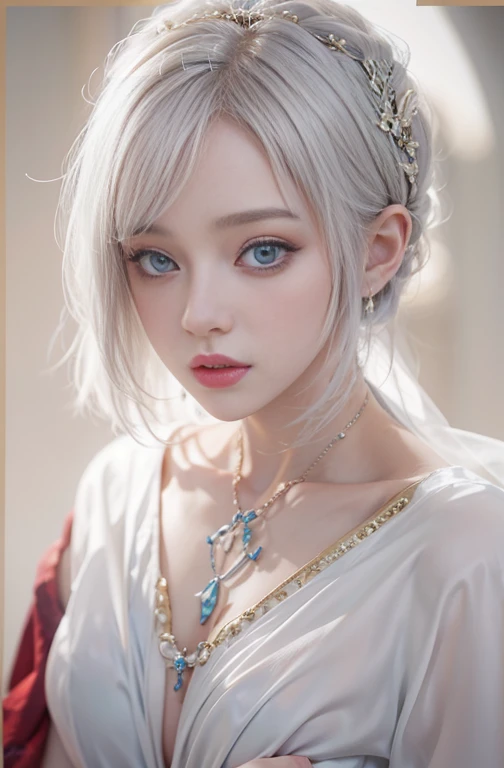 18 years old, Close up portrait of woman in Ancient Greek clothing、Shoulder out、thin、Serious expression、Short-haired、Deadly position, gorgeous necklace, light milky white porcelain skin, smooth translucent white skin, A seductive anime girl, beautiful and seductive anime woman, ultrarealistic sweet bunny girl, pale porcelain white skin, Smooth and realistic perfect body, Anime girl cosplay, realistic shadow perfect body, guweiz masterpiece