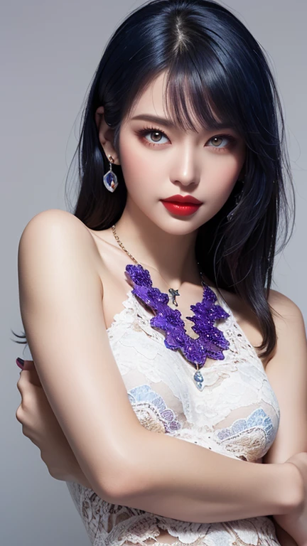 (close:1.5), Beautiful and sexy 17 year old girl, In a very thin red dress, ((Long hair dyed blue with blue bangs Yellow Purple Platinum White Blue:1.5)), The most exquisite jewelry and beautiful hair , ((Wearing a purple lace necklace:1.6) )), Super cute little face, Very cute face, Thin eyebrows, Perfect beautiful face, ((Black pupil: 0.8)), Very beautiful eyes, ((Bright red eyes:1.5)), Beautiful makeup and fine eyelashes, Wet Eye Makeup, High nose, Earrings, Red lips, ((Mouth closed:1;5 )) Beautiful Lips, Thin hands, The most beautiful thighs, ((Spread your arms out to the sides: 1.5)), Rosy Face, Beautiful face, Perfect beautiful face, Smooth white skin, (Small breasts: 1.5)), Beautiful cleavage, arms on the back, Beautiful girl upper body, photograph 8k, super high quality, hyper Realistic, 10x Super Pixels, photographリアル, Dark Studio, Light Edge, Two-tone bright colors, (Skin with attention to detail:1.2), Super 8k, Soft Light, High quality, Volumetric lighting, Realistic, photograph, High resolution, Lighting, 最高のphotograph, 4K, 8K quality, Blur effect, Smooth and sharp, 10 x pixels, (Milky Way: 1.7) , Aurora, lightning, Surreal graphics, most Realistic graphics, alone, alone, Very sharp, Surreal images, (((Frontal portrait:1.0)))."