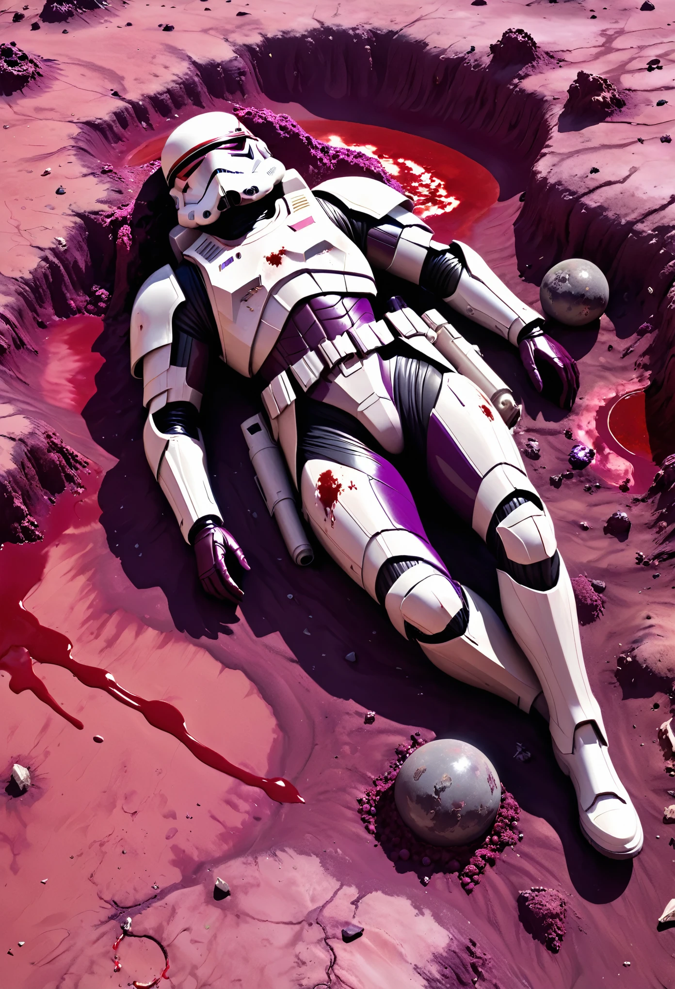 Dead starship trooper body covered with blood laying on a unknown planet, the ground is purplish white