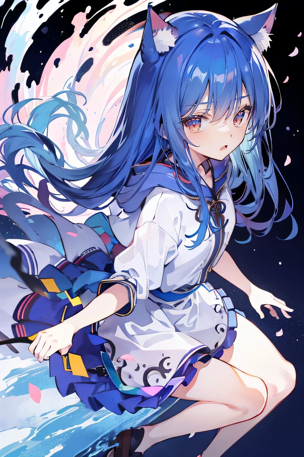 （masterpiece：1.2），Super detailed，lifelike，Expressive eyes，fair skin，perfect face shape，1 girl，
Japanese comics,Gorgeous blue hair,flowing blue hair,flowing clothes,Cat ears,Petals fall,beautiful lola,Baby Angel,
Shaking head with one hand，Cross your legs，Gentle and peaceful background，The pavilion is cool and comfortable,smile, wearing hoodie, background of tokyo,back views,snowing, winter.