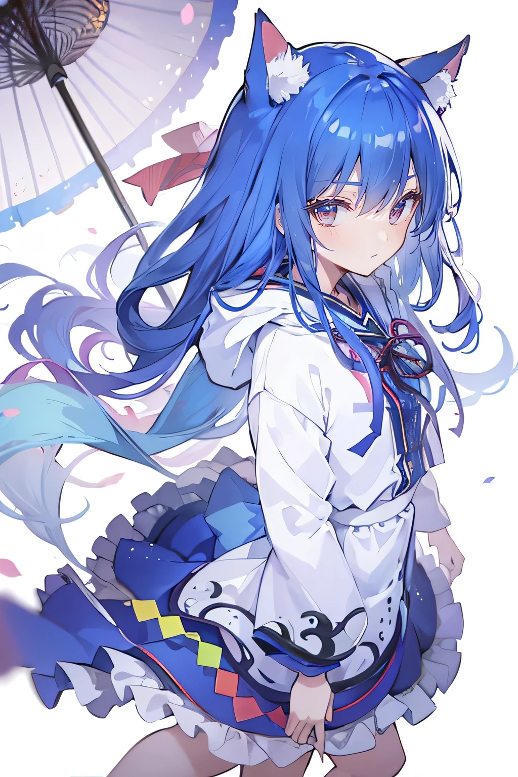 （masterpiece：1.2），Super detailed，lifelike，Expressive eyes，fair skin，perfect face shape，1 girl，
Japanese comics,Gorgeous blue hair,flowing blue hair,flowing clothes,Cat ears,Petals fall,beautiful lola,Baby Angel,
Shaking head with one hand，Cross your legs，Gentle and peaceful background，The pavilion is cool and comfortable,smile, wearing hoodie, background of tokyo,back views,snowing, winter.