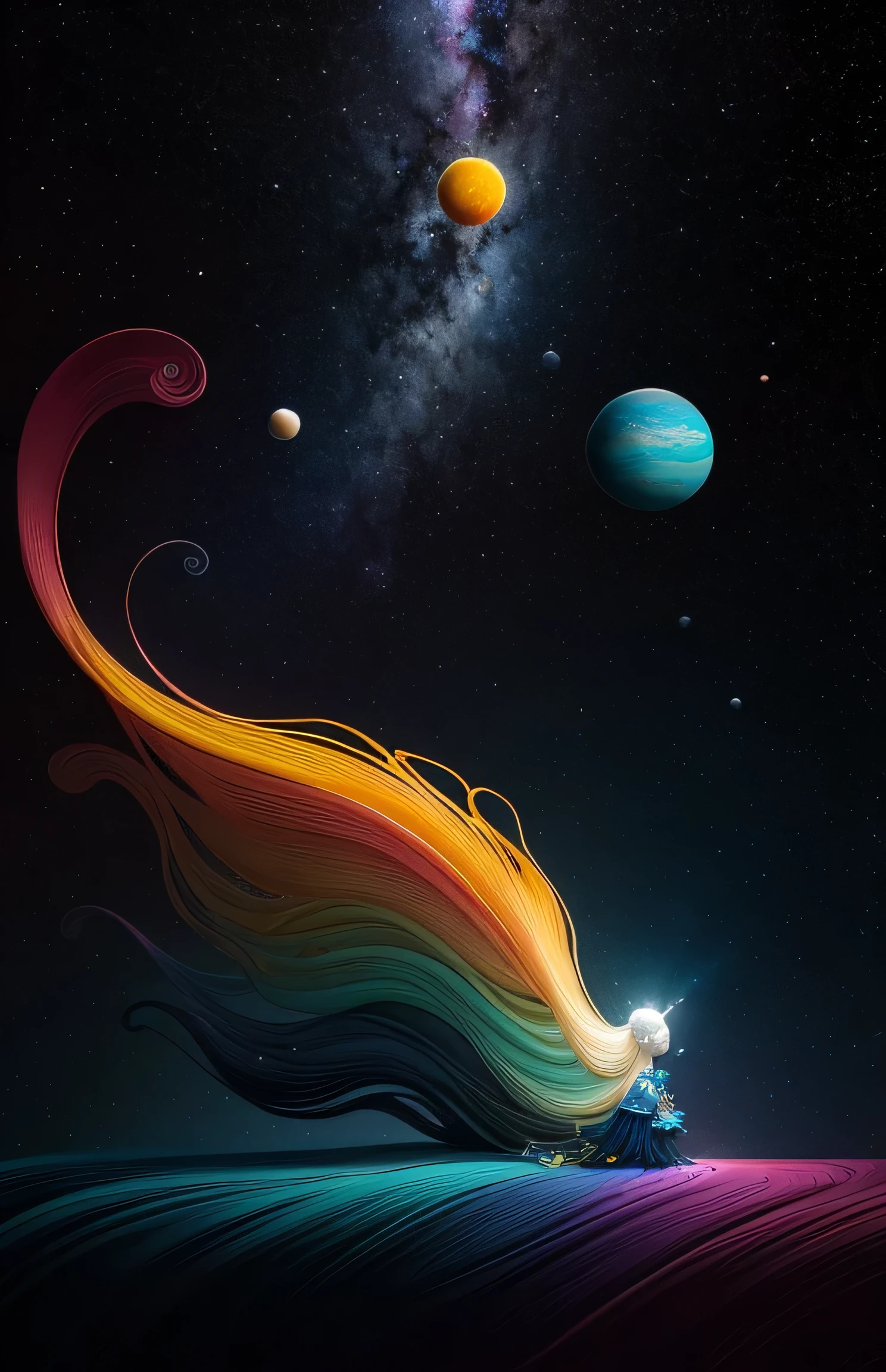 Colorpop-Stil, Photo Photo Portrait of the Sun surrounded by orbiting planetary moons, blonde spitze Haare, natalie shau, Mark Ryden, Alberto Seveso, Brooke Schatten, anna dittmann, Flora Borsi, 8k resolution, perfekte Komposition, Milky Way, Regenbogenfarbe, fliegende Insekten, Waage, wings, Blau, Textur, Komplex, Beautiful, Schatten, Pastellfarben, 3D, sehr detailliert, mit Stil dekoriert, Tim Burton, Dale Chihuly, Xiaolongcheng, Cyril Rolando, von J. Nervousness