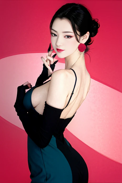 Narrow eyes, 1 girl, all back, deadpan, short hair, short hair, forehead, relief, black hair, short hair, solo, cowgirl, one piece, ((???????????)), narrow slit eyes, black eyes, sparkling light eyes , black hair, gloves, dress, luxurious jewelry, earrings, sharp eyes、elbow grooves, raise your hands and tie your hair back, random color, random color dress, long eye makeup, slender eyes、smile, lipstick, complex petal pattern, Rim light, backlight, pastel color, studio lighting