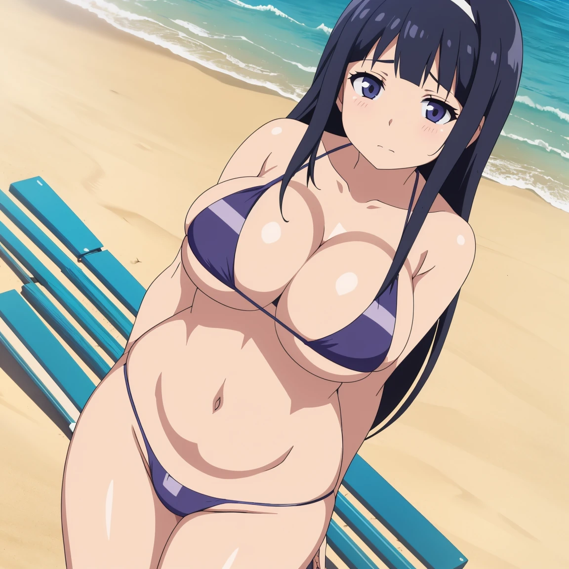 a woman in a bikini standing on a beach next to the ocean, seductive anime girl, in the beach, at the beach, oppai, at a beach, hinata hyuga, anime best girl, by Jin Homura, mayuri shiina, with a long gigantic very poofy shiny breasts, kotegawa yui, mai yoneyama, on a sunny beach