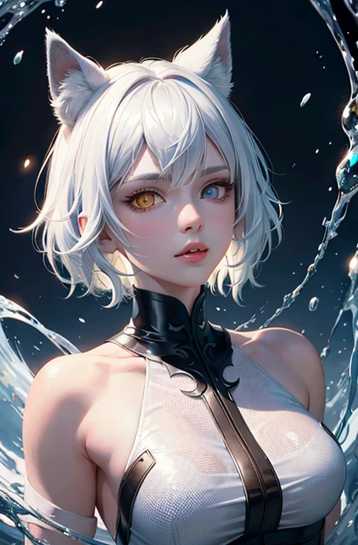 (Absurd, High resolution, Very detailed), masterpiece, highest quality, True Light and Shadow, Snow-white wolf、silverwolf,beast,Wolf Ears, short hair,male, Detailed face, Fine grain, Glowing orange eyes,Combustible materials, Shining Eyes, Clear yellow eyes, beast王国王子,Anime characters,White wolf anthropomorphic,good looking,Young adolescents, 若いmale,Thin chest,Short Hair,Handsome,Wolf Earsのmale性,White skin, ((Heterochromia, yellow left eye, My right eye is very red and shiny)) Dreamy Background, kind, Infinite Light, Spectacular sunset background, Octane Rendering, Beautiful Features, Beautiful and detailed eyes, Complex skin, Detailed face, Perfect skin texture, Extreme Detail, Whole-body vision, Cinema Lighting, Professional Lighting, Centered, looking at the camera, 8k, Shot with a Hasselblad X1D-50, Maximum concentration, Depth of written boundary, Perfect lighting, Particles of light, (highest quality), (masterpiece), (Super detailed), Sharp focus, Particles of light,Fire Magic,My head is on fire,Turbulence,Uplifting,silverwolf擬人化,White shirt,Assassin's Costume,