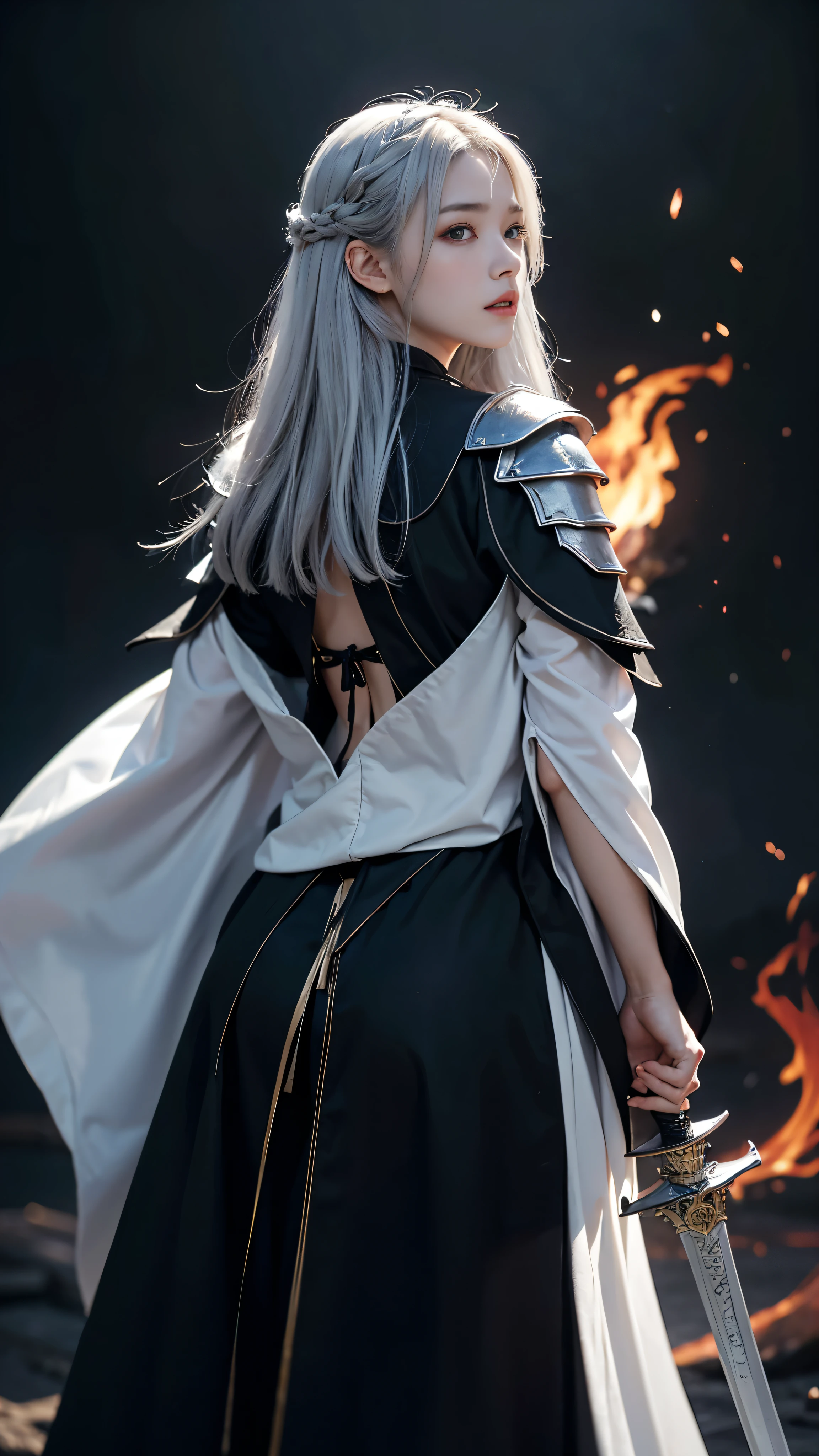 In this masterpiece、Beautiful swordsmen come to life with ultra-detailed illustrations and 8K resolution。The texture of the face and skin is expressed in detail.、The silver hair cascading down her back makes the subject stand out in focus.。She is framed by the depth of field、He wears jet black armor and flame armor.、It adds an element of absurdity to an already captivating look.。The cloak is engulfed in flames、Increase your presence、The sword is also in flames。Wings of fire erupt from his back、It shows determination to overcome sadness。The sign of her unwavering spirit is、Her kind eyes and her strong