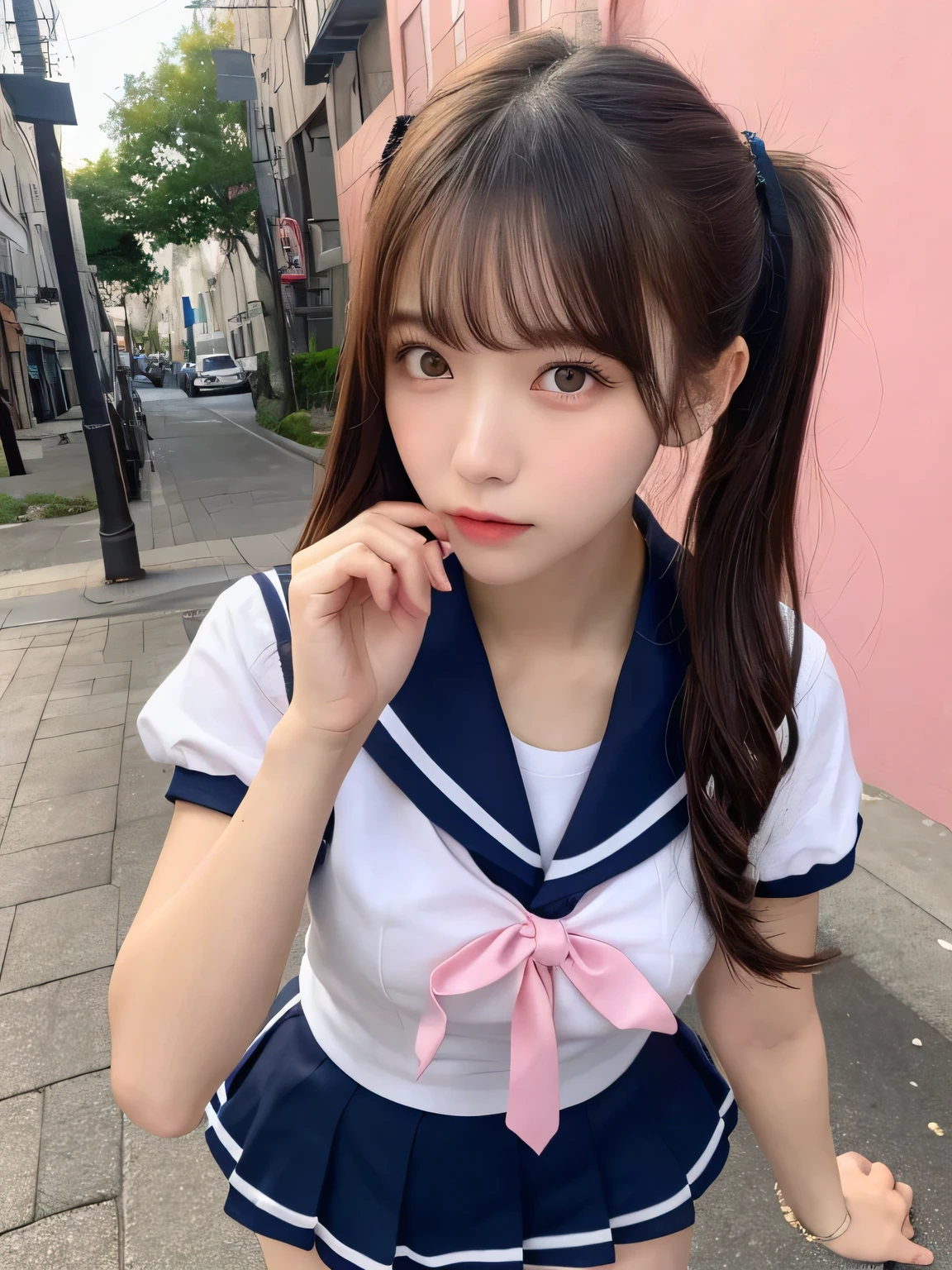 In detail,Full body photo、 High resolution, high quality、Perfect dynamic composition, Beautiful fine details, Blonde、Twin tails、Natural color lip,Kamimei、18-year-old girl、1 person、Clear Skin、Sailor suit、Red mini skirt、Thighs、Shiny Hair、最high quality, figure, Very detailed, In detail, High resolution, 8k、The correct state of the human body、Sculpture model pose,Pink wall