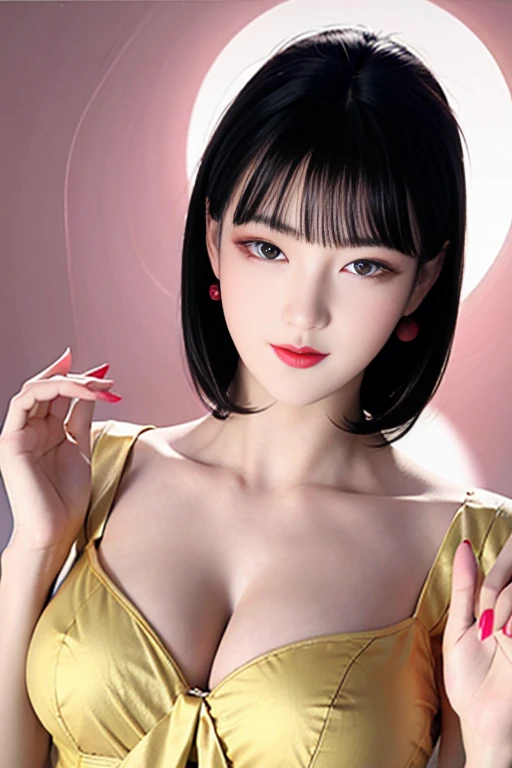 Narrow eyes, 1 girl, all back, deadpan, short hair, short hair, forehead, relief, black hair, short hair, solo, cowgirl, one piece, ((voluptuous breasts)), narrow slit eyes, black eyes, sparkling light eyes , black hair, gloves, dress, luxurious jewelry, earrings, sharp eyes、elbow grooves, raise your hands and tie your hair back, random color, random color dress, long eye makeup, slender eyes、smile, lipstick, complex petal pattern, Rim light, backlight, pastel color, studio lighting