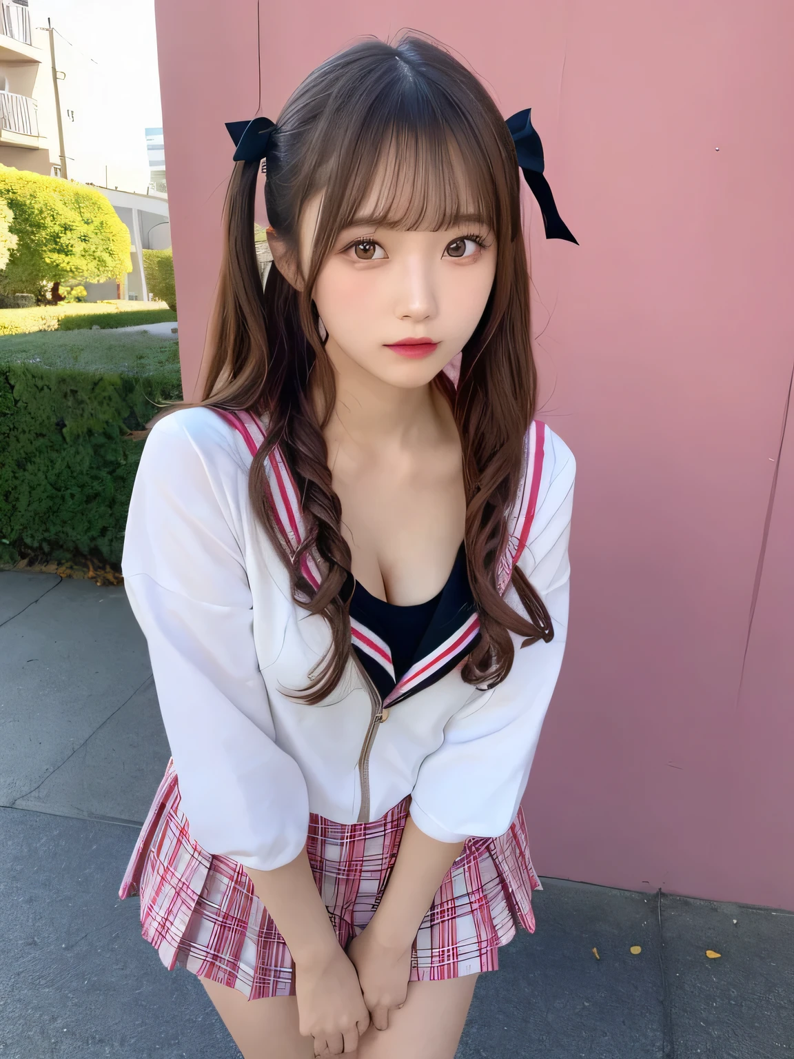 In detail,Full body photo、 High resolution, high quality、Perfect dynamic composition, Beautiful fine details, Blonde、Twin tails、Natural color lip,Kamimei、18-year-old girl、1 person、Clear Skin、Sailor suit、Red mini skirt、Thighs、Shiny Hair、最high quality, figure, Very detailed, In detail, High resolution, 8k、The correct state of the human body、Sculpture model pose，Cleavage、Pink wall