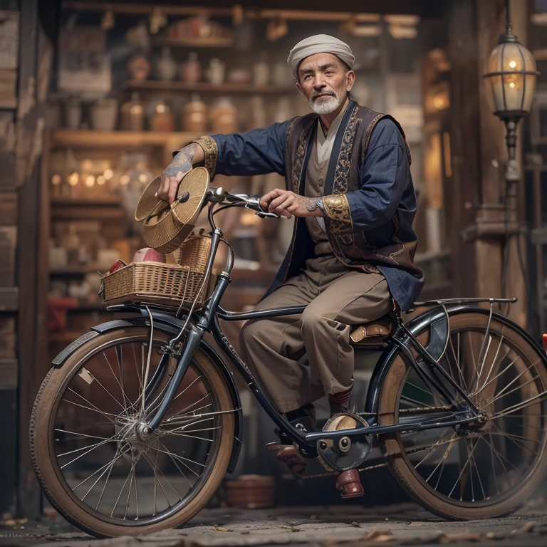 Ride an antique bicycle in baker street 、Hair flows、 ((highest quality、masterpiece、8k、best image quality、ultra high resolution、Award-winning work)、(accurate ???????:1.1)、(look at me and smile:1.1)、Shining fair skin with ultra high resolution、most detailed face、ultra high resolution detailed face、ultra high resolutionの髪の毛、(ultra high resolutionの煌めく瞳:1.1)、Beautiful face drawn in every detail、(blurred background:1.1)、ancient Islamic clothes, ????? together, tattoo,