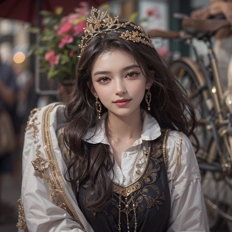 Ride an antique bicycle in baker street 、Hair flows、 ((highest quality、masterpiece、8k、best image quality、ultra high resolution、Award-winning work)、(accurate anatomy:1.1)、(look at me and smile:1.1)、Shining fair skin with ultra high resolution、most detailed face、ultra high resolution detailed face、ultra high resolutionの髪の毛、(ultra high resolutionの煌めく瞳:1.1)、Beautiful face drawn in every detail、(blurred background:1.1)、ancient Islamic clothes, chest together, tattoo,