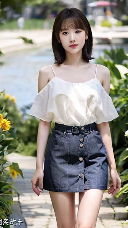 (highest quality、8k、32k、masterpiece、Hmph:1.2)、Cute Japanese Women Photos、Large Breasts、Wolf Cut Hair、Brown short hair,Full Body Shot、Face Focus、White tank top、Denim mini skirt,High Style,High resolution、The background is the coast、Kind eyes、telescope lens、High-definition camera、Looking at the camera、White thighs