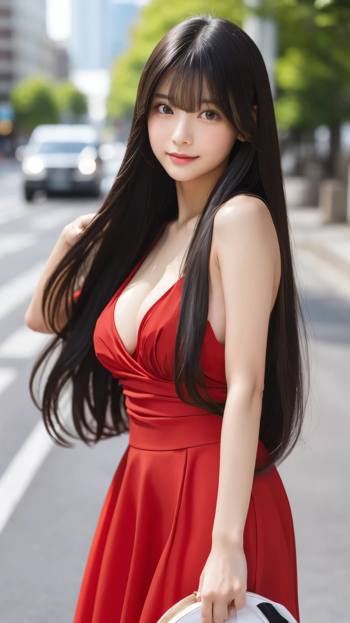 Shining, clear, white skin、Her windblown black hair hides her beautiful face.、huge、Sexy beautiful face of 28 years old、Beautiful straight hair that stands out、growing up, glowing light brown eyes、Sexy long silky bangs covering the eyes, Sexy young woman with super long hair hiding her sexy face、Shiny black hair、(((Sexy Woman)))、The cleavage is visible,Red sexy dress