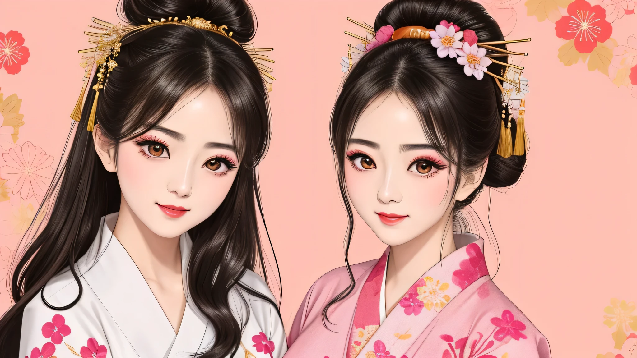 Each has a different expression2People and sisters、(2 girls)、⦅Dancing traditional arts with grace)、((Big Breasts、Small Face、Not exposed))、highest quality、masterpiece、(Black Hair、Bun Hair)、Brown Eyes、⦅Wide angle、Angle from above the waist、Pause on the magazine cover、Their gazes are different, gazing into the distance⦆、(8K High Quality、masterpiece、High resolution、Realistic and beautiful light and shadow、(highest quality)、(High Resolution)、(Very delicate and beautiful)、(Beautiful 8k face)、(With a smile、Beautiful eyes)、(Clear skin)、(Soft hair)、(8Head to Body)、(A Japanese style yukata kimono with red, pink and orange floral patterns on a white background, interspersed with gold powder、Wearing a yukata2Beautiful Japanese girls)、((Tanabata decoration background))、((Small Face))、(arms up)、Thin and small nose、(Red lipstick)、(Make your cheeks red)、(Glossy skin)、((Ink painting style))、Very thin eyebrows、Overall ultra-high image quality、(She is wearing maiko-style makeup.)、Whitening、Long and beautiful eyelashes、Glowing Skin、(Red cheeks),Straight nose、masterpiece、highest quality、whole body、 Eyebrows visible through hair、Bun Hair、Grin、Gal、Gal、Viewer's Eyes、Plaid、Stylish、woman、fine、Pause、
Waiting to start
