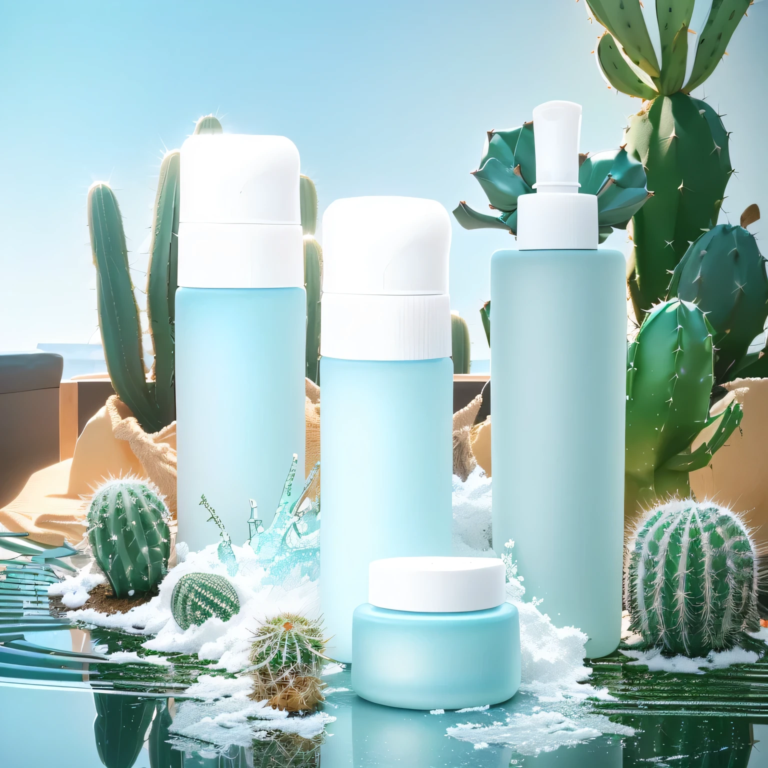 There are three bottles of lotion on the table，And cactus, High-quality local rendering, blue realistic 3 d render, skin care, skin care, Cleansing face and body skin, photoshoot for skin care brand, Product photography, Silicone leather, Simple and pure design, high quality Product photography, professional Product photography, Blistering skin, Product photography 4 k, Optionally