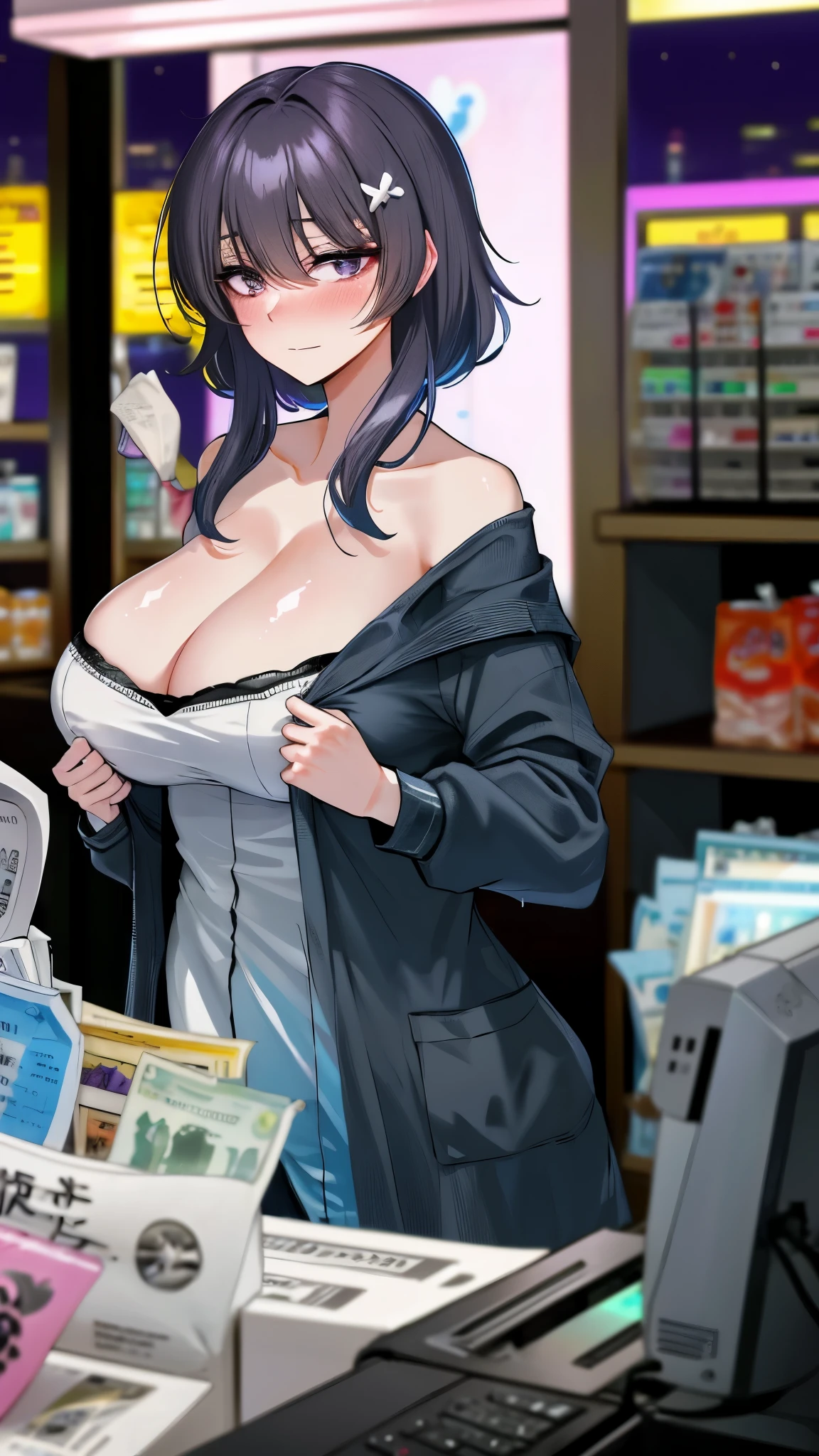 Girl with short black hair, bangs, Blue inner hair:1.25) , Purple eyes, avert your eyes, Blushing, Embarrassing, indoor, market, cash register, Oversized off-the-shoulder T-shirt, wet, Center of chest, Nighttime atmosphere, (((Big tits cleavage))), Upper Body, concentrated, Blurred Background, convenience store customer, A girl places condoms and lotions on the cash register to pay、Flashy makeup, (garu fashion:1.2)