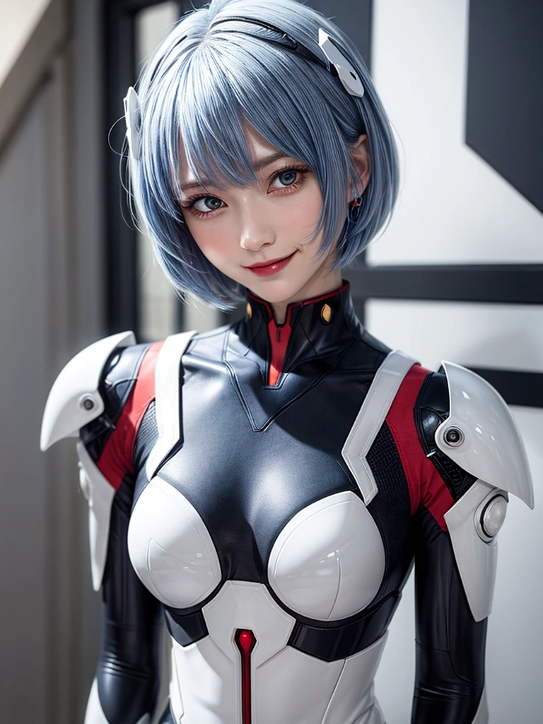 Masterpiece, highest quality, 8K, detailed skin texture, fine cloth texture, beautiful detailed face, intricate details, super detailed, portrait of Rei Ayanami, blue hair, red eyes, looking far away, no background, Evangelion Wearing a plug suit when riding, plug suit, whole body visible, standing, arms crossed, 15 years old, beautiful, cute, great style, smiling,composition that shows the whole body,