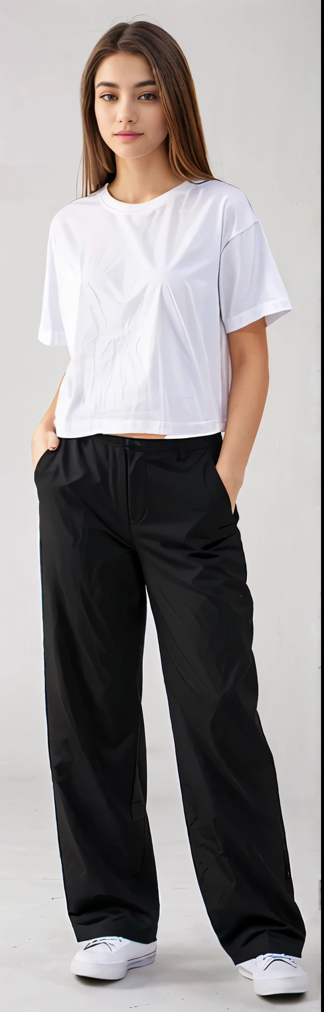 a woman in a white shirt and black pants posing for a picture, black pants, black pants, matte black pants, Loose pants, baggy black pants, big pants, black suit pants, com dois bolsos frontais, wearing pants and t-shirt, manga larga cropped, Swollen short pants, perto de um magro, imagem detalhada do produto, with hands in pockets