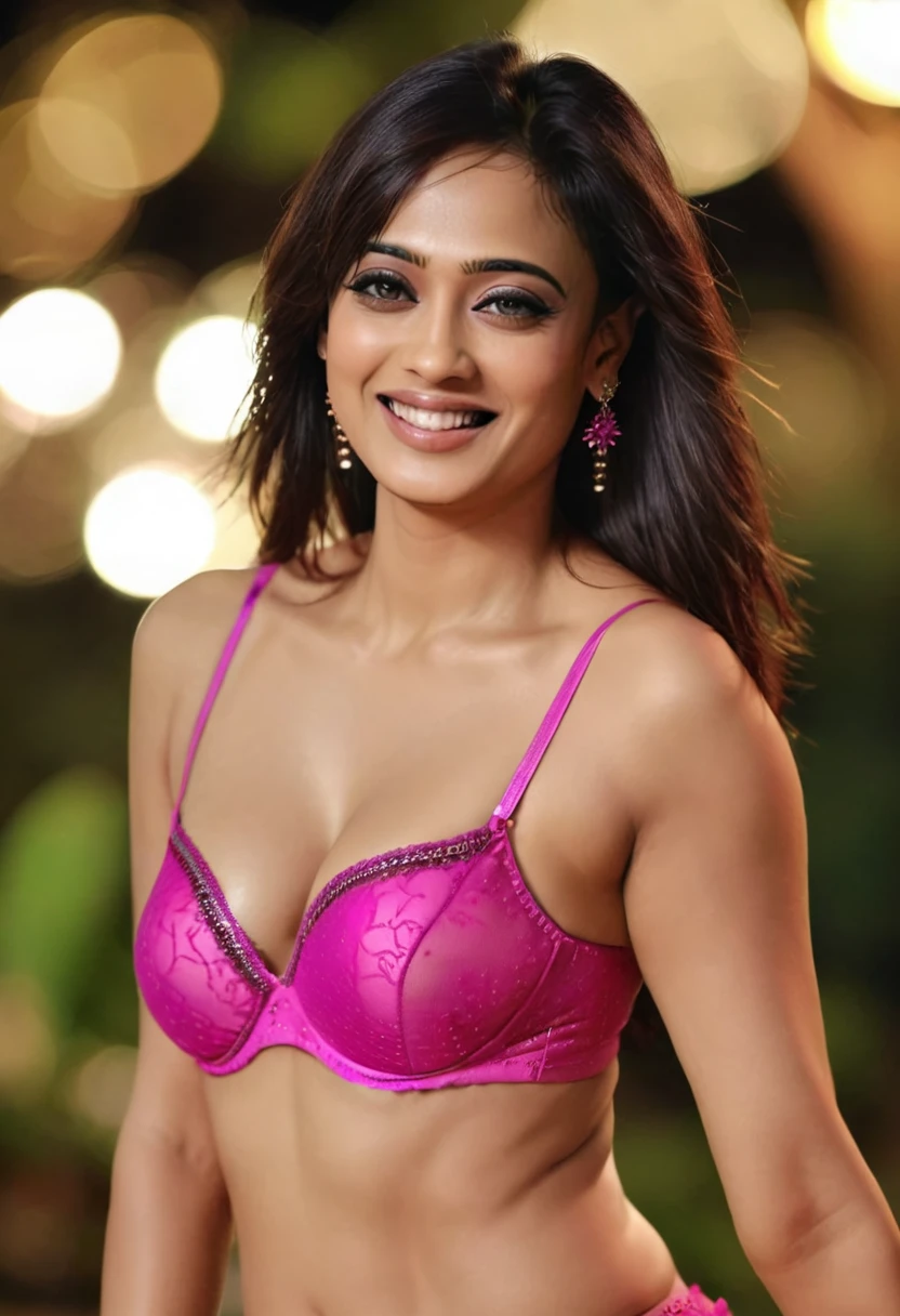 ultra realistic photo of a thin woman, Shweta Tiwari, outdoors, realistic skin texture, sharp features, smiling, looking looking at camera, (wearing pink lingeries), smiling, detailed face, exotic, beauty, night time, beautiful bokeh   