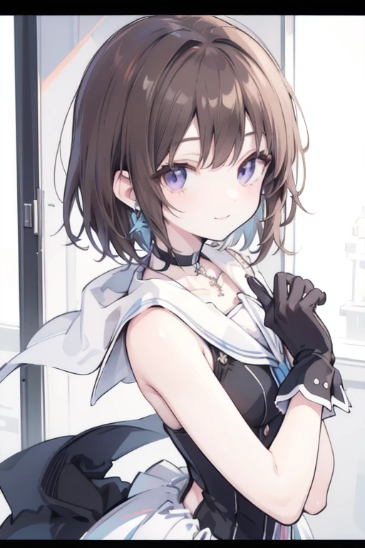 1girl, anime_coloring, black_eyes, brown_hair, choker, short_hair, smile, solo, style_parody, / photography of a 20yo woman, perfect face, masterpiece, bra, underwear, black_bra, black_panties