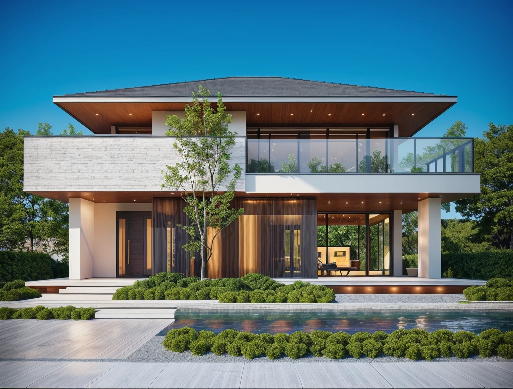 PLATFORM KTHOUSE, 1 morden villa, slope roof, daylight , light at 12 noon:1.2, Very beautiful shadows, light in door:1.2, how to read it mạn, main material of villa about build color wall:1.2 glass panel:1.1 and stone:1.2, 1large yard, 1 road runs in front of the house, (RAW photo, real, best quality, masterpiece:1.2), look morden minimalist, 1 road in front of the house, dynamic lighting:1.3, (hyper realistic, photo-realistic:1.2), high quality, (dark lighting:1.2), perfect lighting, archdaily, no human,:1.2