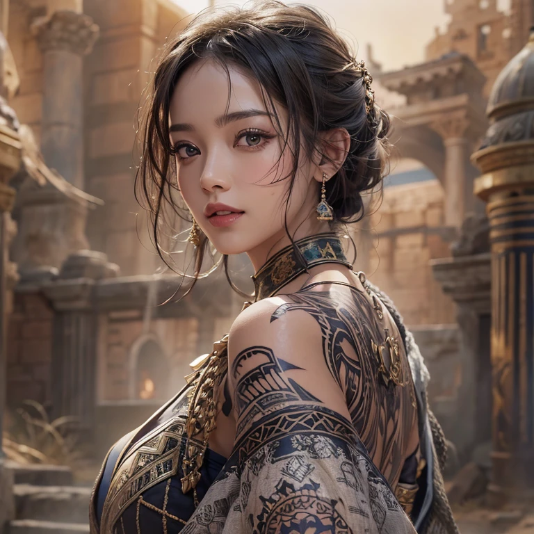 Hide in the desert、Hair flows、 ((highest quality、masterpiece、8k、best image quality、ultra high resolution、Award-winning work)、(accurate anatomy:1.1)、(look at me and smile:1.1)、Shining fair skin with ultra high resolution、most detailed face、ultra high resolution detailed face、ultra high resolutionの髪の毛、(ultra high resolutionの煌めく瞳:1.1)、Beautiful face drawn in every detail、(blurred background:1.1)、ancient Islamic clothes, chest together, tattoo, Old ruins in the background、black panther aside