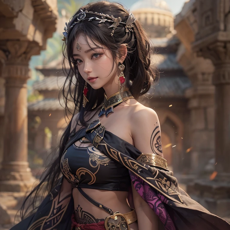 Hide in the desert、Hair flows、 ((highest quality、masterpiece、8k、best image quality、ultra high resolution、Award-winning work)、(accurate anatomy:1.1)、(look at me and smile:1.1)、Shining fair skin with ultra high resolution、most detailed face、ultra high resolution detailed face、ultra high resolutionの髪の毛、(ultra high resolutionの煌めく瞳:1.1)、Beautiful face drawn in every detail、(blurred background:1.1)、ancient Islamic clothes, chest together, tattoo, Old ruins in the background、black panther aside