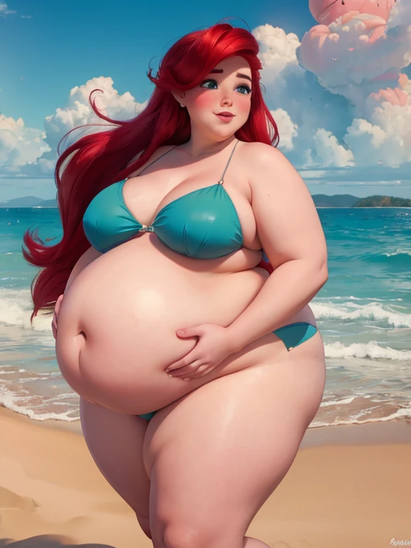 Fat and pregnant beautiful Ariel the little mermaid, happy, long hair, eyeshadow, blushed, big cheeks, bikini, Big lips, double chin, chubby body,bbw, morbidly obese, fat rolls, pregnant belly, weight gain, beach