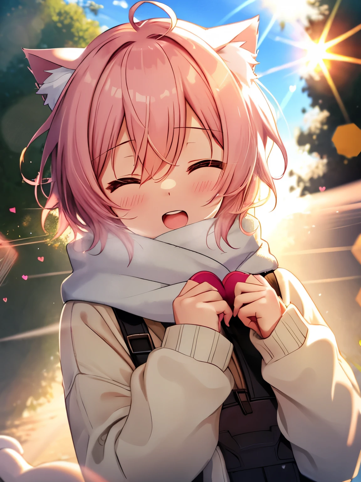 girl, Wear a cozy sweater, Upper Body, (LOL:1.1), (Open your mouth:1.1), (Eyes Wide Open:1.2), Sun glare, Bokeh, Depth of written boundary, Blurred Background, Particles of light, Strong winds, (Heart Particles:1.1),Cat ear、Transparent pink short hair、scarf、