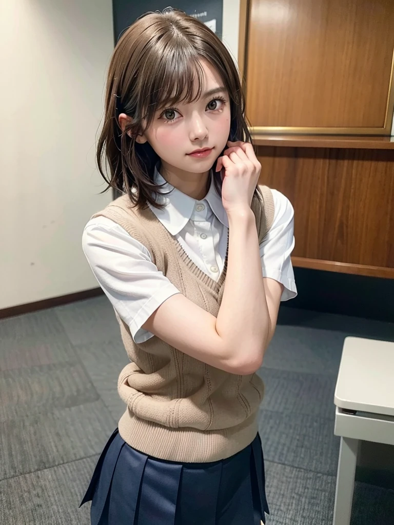 Masterpiece, Top Quality, Top Mikoto, brown eyes, short hair, small breasts, looking at viewer, alone, closed mouth, collared shirt, beige knit vest, dark blue  Skirt, school_uniform, shirt, white_shirt, classroom,Masterpiece, highest quality, 8K, detailed skin texture, fine cloth texture, beautiful detailed face, intricate details, super detailed,cute,cute posing,composition that shows the whole body,