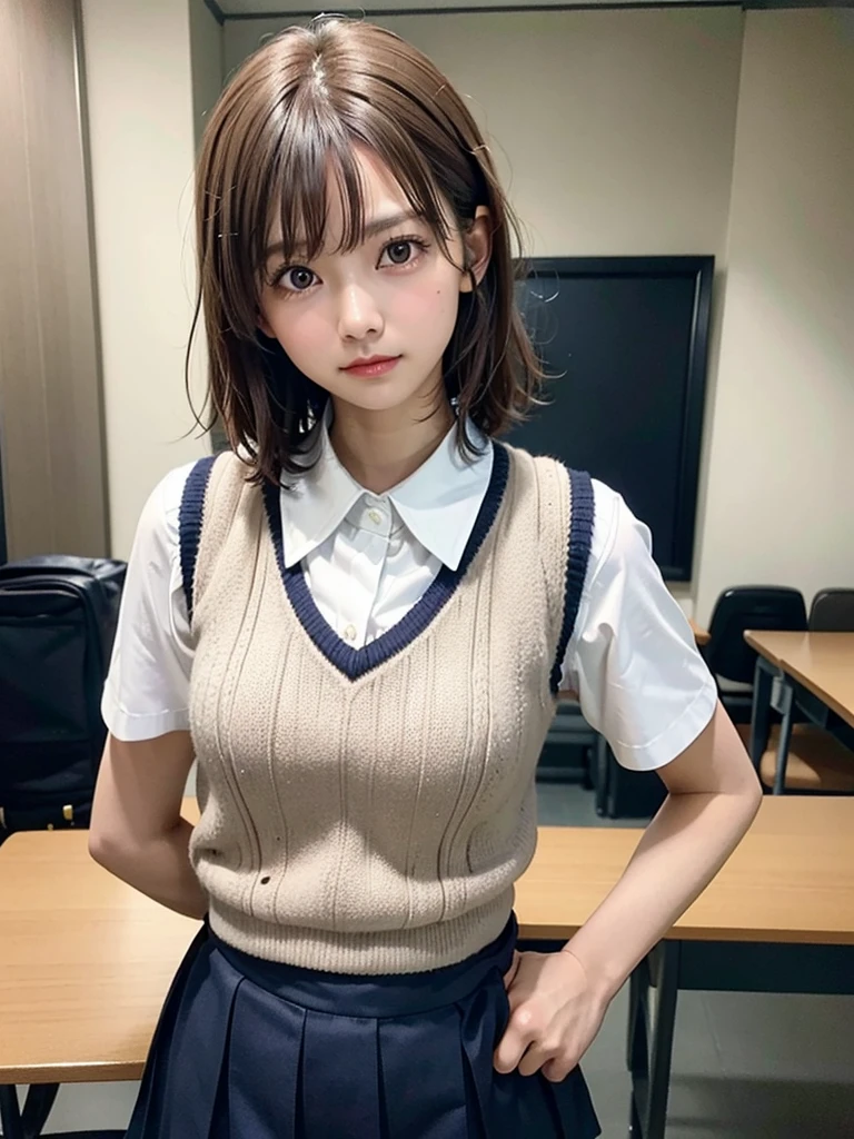 Masterpiece, Top Quality, Top Mikoto, brown eyes, short hair, small breasts, looking at viewer, alone, closed mouth, collared shirt, beige knit vest, dark blue Skirt, school_uniform, shirt, white_shirt, classroom,Masterpiece, highest quality, 8K, detailed skin texture, fine cloth texture, beautiful detailed face, intricate details, super detailed,cute,cute posing,composition that shows the whole body,