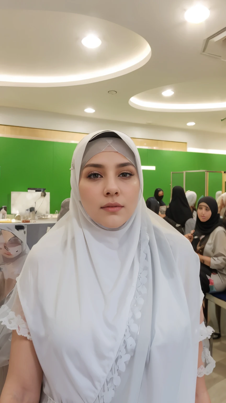 Beatiful woman muslim year old 50, Veil on head, gray veil, white hair, gray white, Guvez art style, arrogant and indifferent girl, half-squinted, white eyeballs, white eyes, national style, gray-white