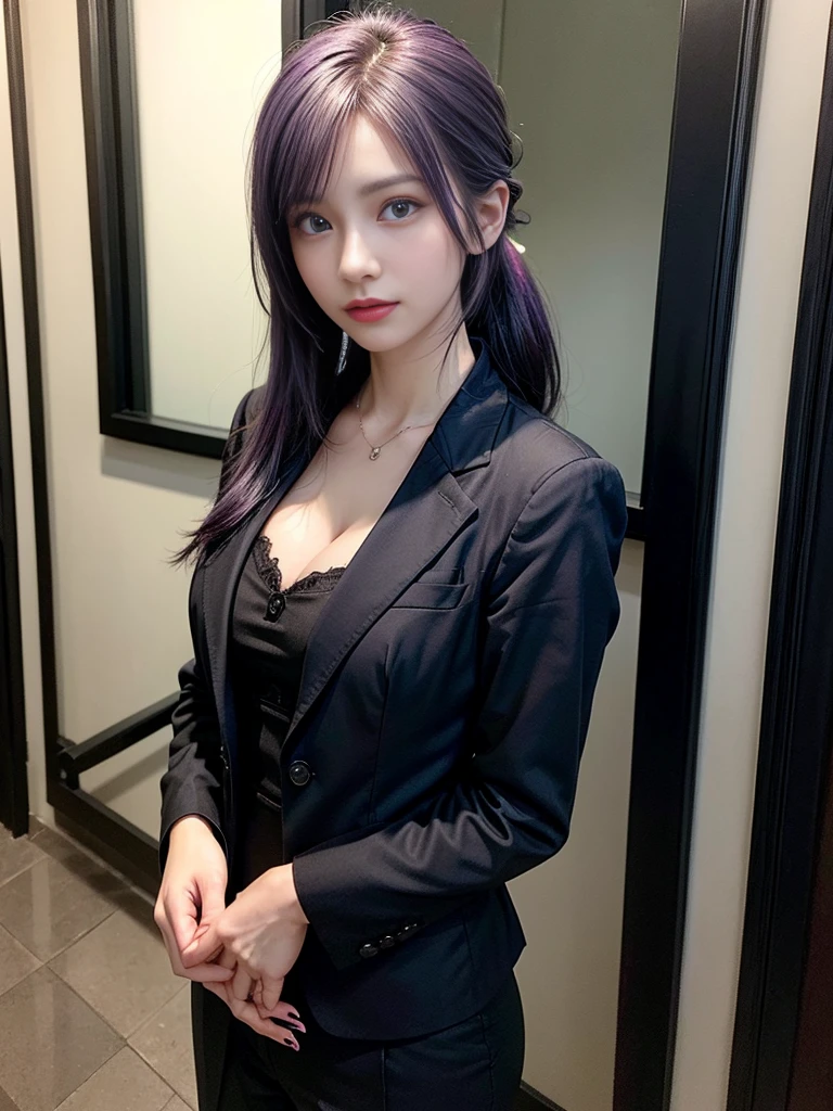 Beautiful woman, 25 years old, high ponytail, bright purple hair (like bright silver), perfect purple hair, Beautiful breasts, (Realistic skin),elegant upper class wearing a black pantsuit, black jacket, white shirt, cleavage visible, black pumps, and a business shirt. Elite secretary, working in the office, wearing a strict business suit, pantsuit style, wearing luxury high heels, girl wearing a shirt, wearing a business suit, wearing a business suit, black nail art, business Wearing a suit, Businessman, Business clothes, Wearing a black business suit, Wearing a white shirt and black jacket, Woman in a business suit, Business suit, Business attire, Raw photo, (8K, highest quality, Masterpiece: 1.2), (Complex Detail: 1.4), (Photoreal: 1.4), Octane Rendering, Complex 3D Rendering Super Detail, Studio Soft Light, Rim Light, Vibrant Detail, Super Detail, Realistic Skin texture, surface details, beautifully detailed eyes, highly detailed CG Unity 16k wallpaper, supplement, (detailed background:1.2),pony tail