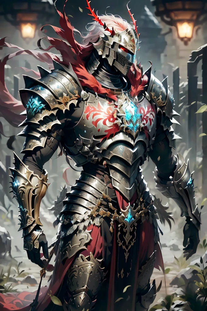 arafed knight in armor with a glowing face and red hair, strong fantasy knight, stunning armor, fantasy warrior in full armor, intricate ornate armor, ornate armor, ornate armor covered in thorns, heavy fantasy armor, fantasy armor, intricate armor, armored warrior, fantasy knight, undead knight, ares with heavy armor and sword, plated armor intricate, beautiful armor