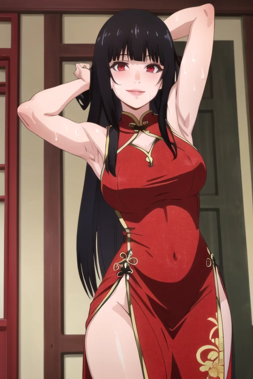 ((best quality)),((highly detailed)),masterpiece,absurdres,detailed face,beautiful face,(detailed eyes, deep eyes),1girl,((dynamic pose)), jabami yumeko, black hair, long hair, solo, red eyes, bow, large breasts, cowboy shot, chinese town, outdoors, seductive smile, looking at viewer, wearing red chinese dress, put your hands behind your head, armpits, armpits visible, sweaty armpits, 