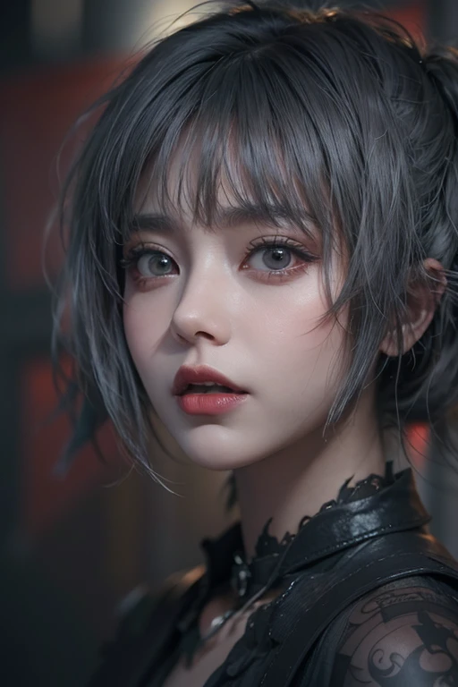 top-quality、8K、masterpiece:1.3、Gothic punk、Red inner color、A grey dark-haired、hair adornments、a beauty girl、creative、dark fantasy style、Neogos、Goth Fashion:1.2、hight resolution、masterpiece、top-quality、headw:1.3、((Hasselblad photo))、Fine-grained skin、Sharp Focus、(lighting like a movie)、Realistic texture m hair